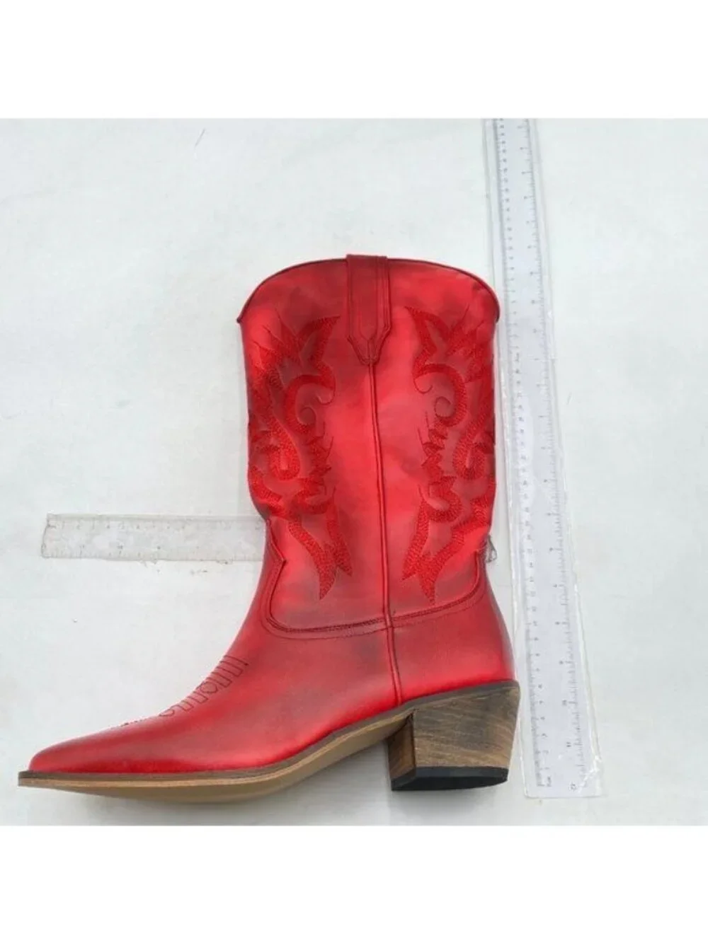 Red Cowboy Boot Pull On Western Pointed Toe Chunky Heel Cowgirl Mid Calf Boots